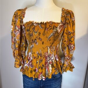 Anthropologie Floral Smocked Yellow Top